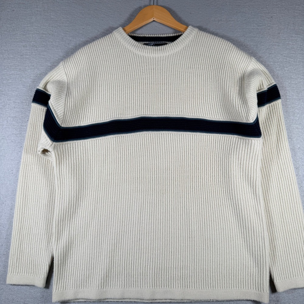 Point Zero Mens Vintage Ribbed Knit Striped Sweater Cream Navy Blue XL 12497